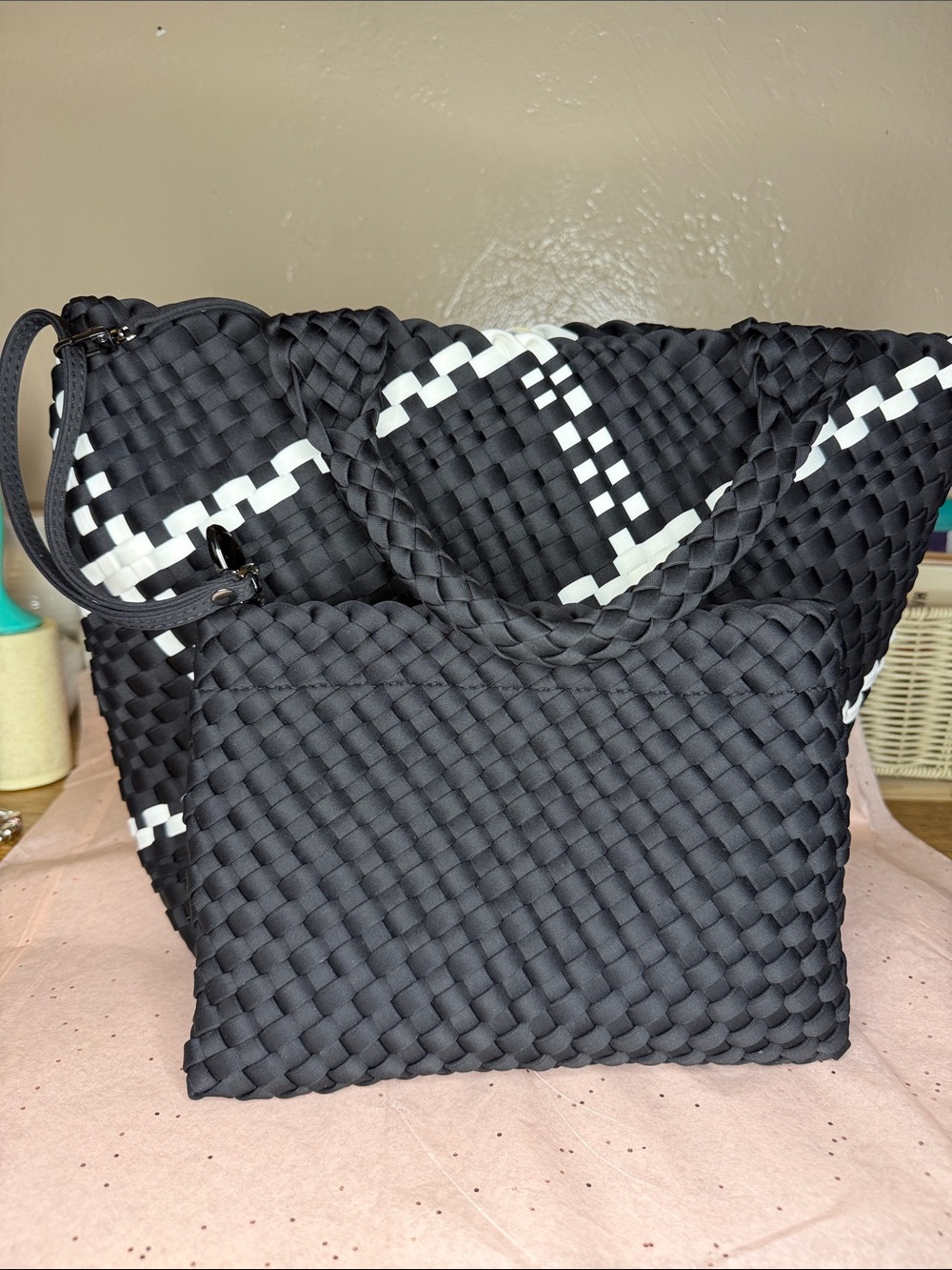 Woven Black & White Tote Bag with Matching Pouch